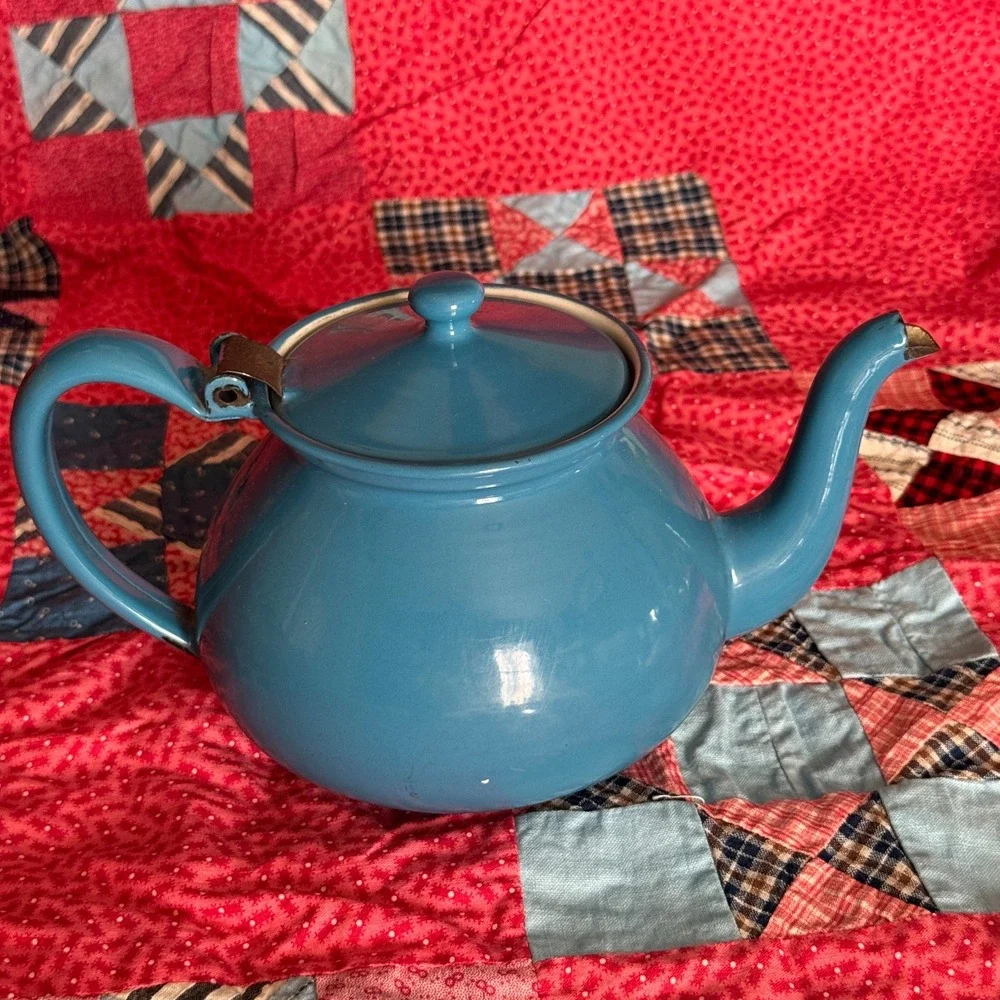 Vintage‎ Blue Enamelware Teapot Hinged Lid Farmhouse Rustic Kitchen Decor Retro